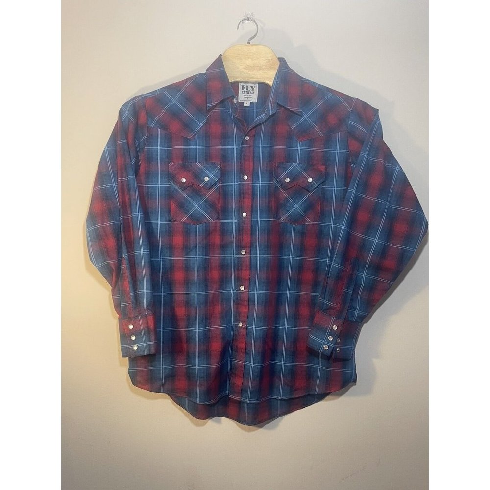 Ely Cattleman Blue Red Plaid Western Pearl Snap Shirt‎ Size L
